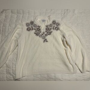 Alfred Dunner Cream Floral Embroidered Turtleneck Sweater
